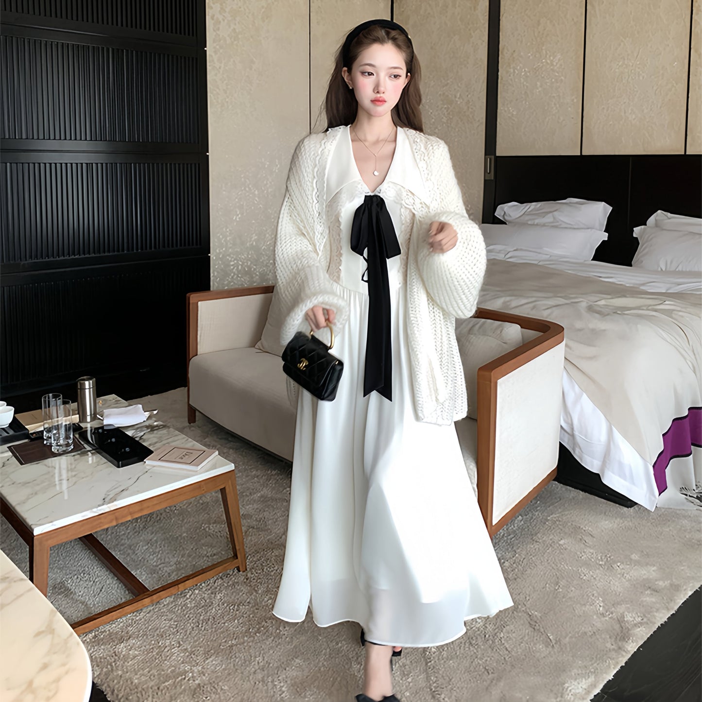 【dress】ビッグリボンレースドッキングロングワンピース　N3316