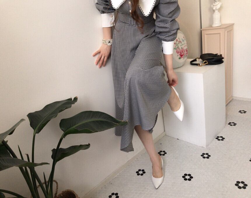 【dress】秋高級感 気質満点ドールカラーフランス風チェック柄ワンピース G1784