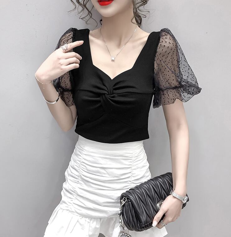 【tops】韓国風INS風スクエアネックメッシュ半袖着やせ無地TシャツF2235