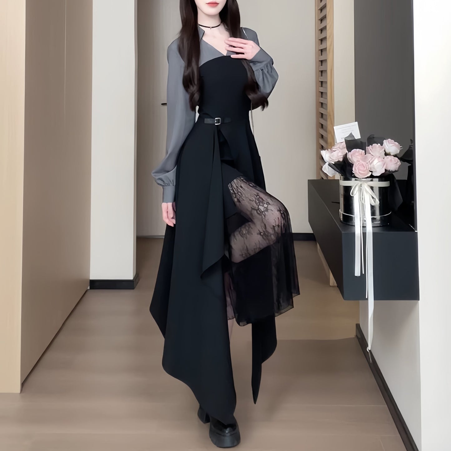 【dress】レースドッキングイレヘムワンピース　N3296