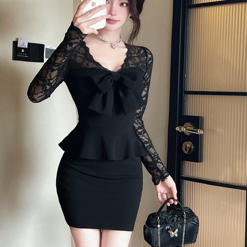 【dress】レース切り替えリボン付きワンピース　M27379