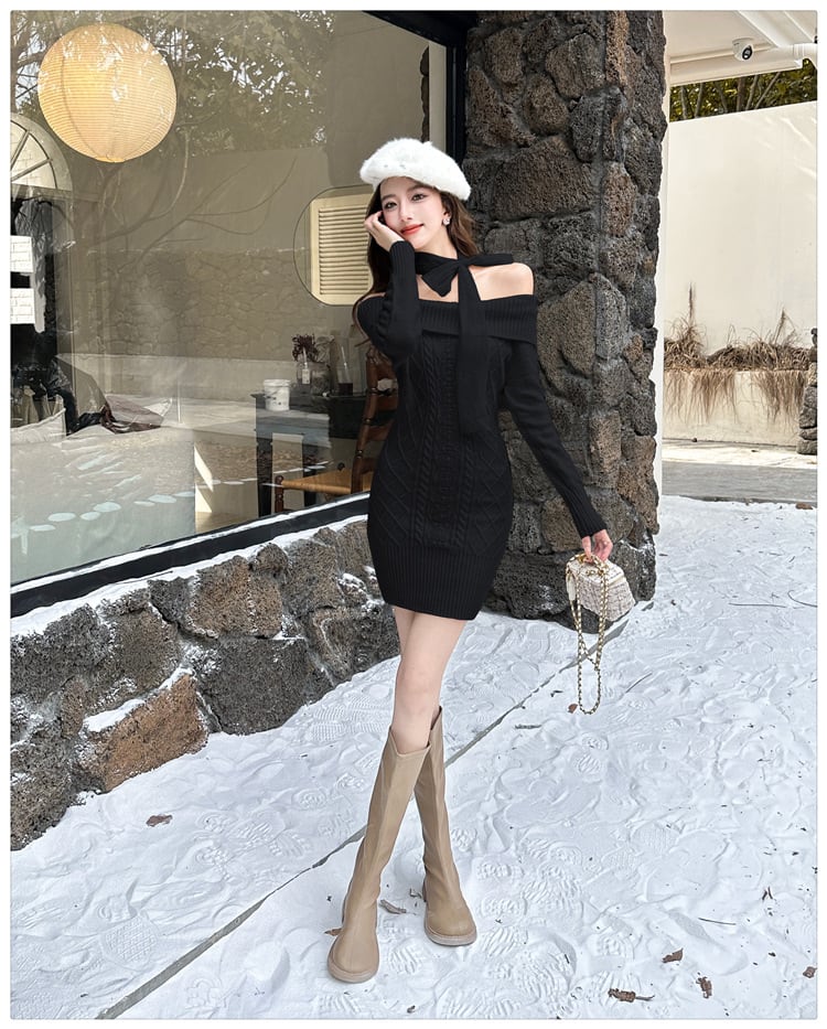 【dress】リボンオフショルニットワンピース　N2855