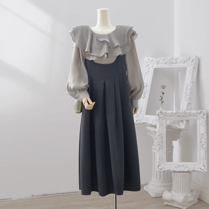 【set】フリルブラウス×サロペットスカートセット　N2073