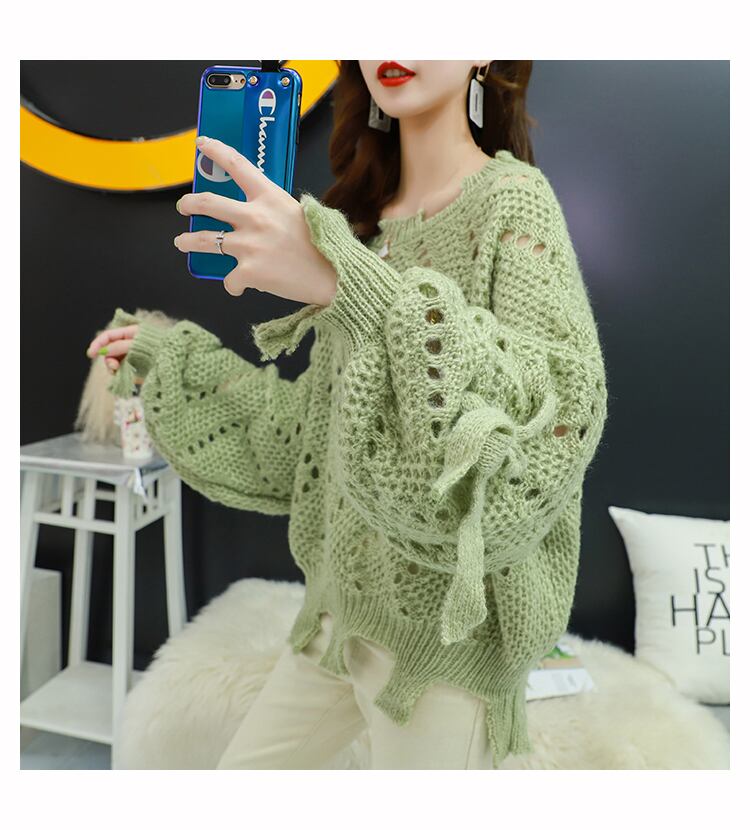 【tops】韓国ファッション3色ラウンドネック長袖透かし彫り薄手ニットセーターF0634