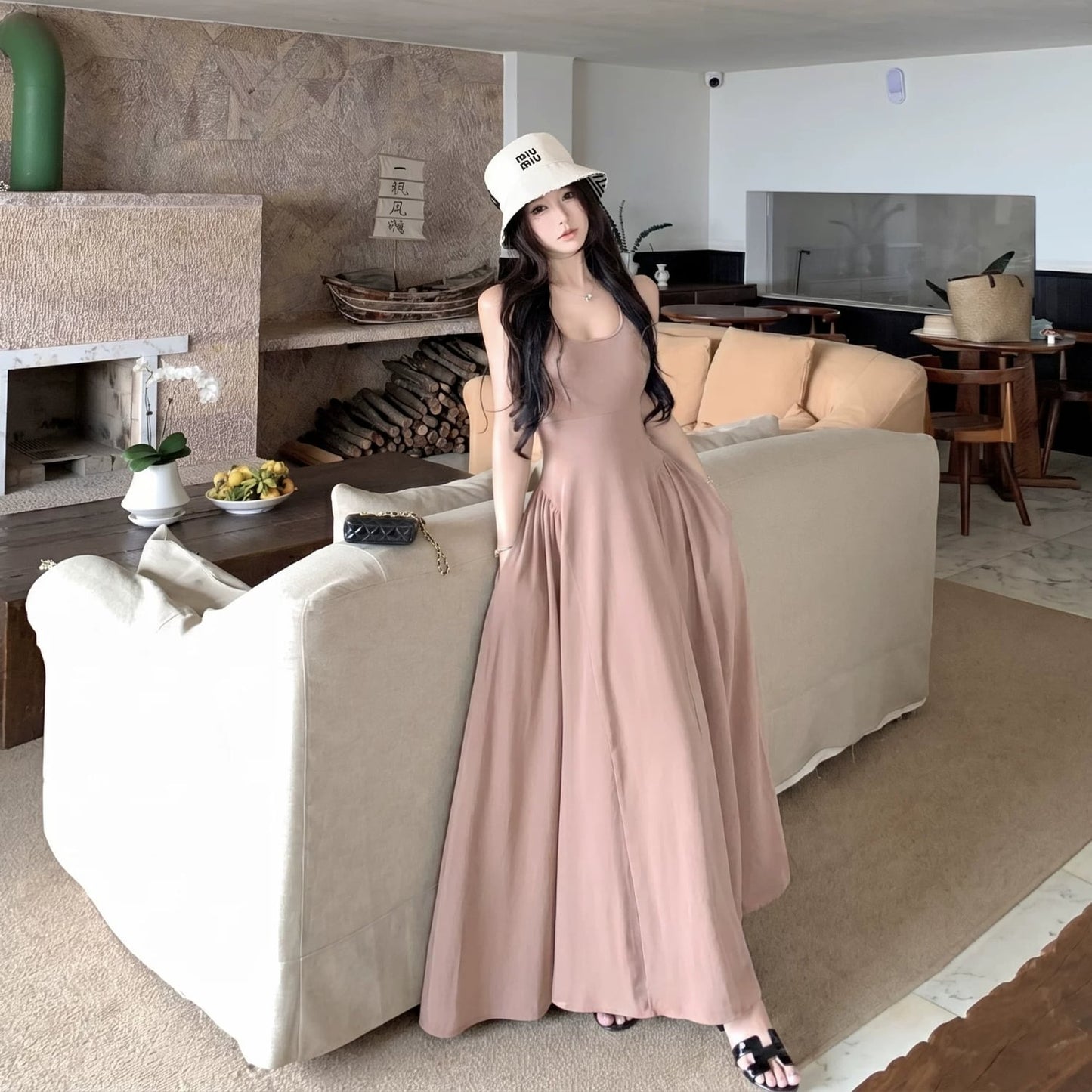 【dress】バックオーポンロングベストワンピース Q8498