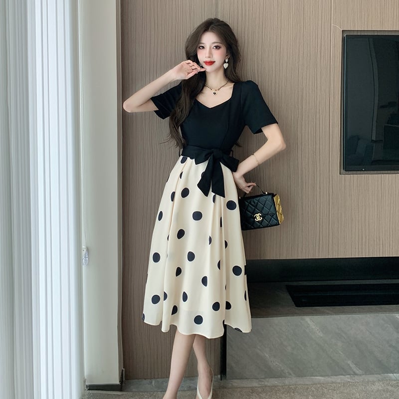 【dress】大人可愛い夏Vネック切り替えドット柄ワンピースF5794