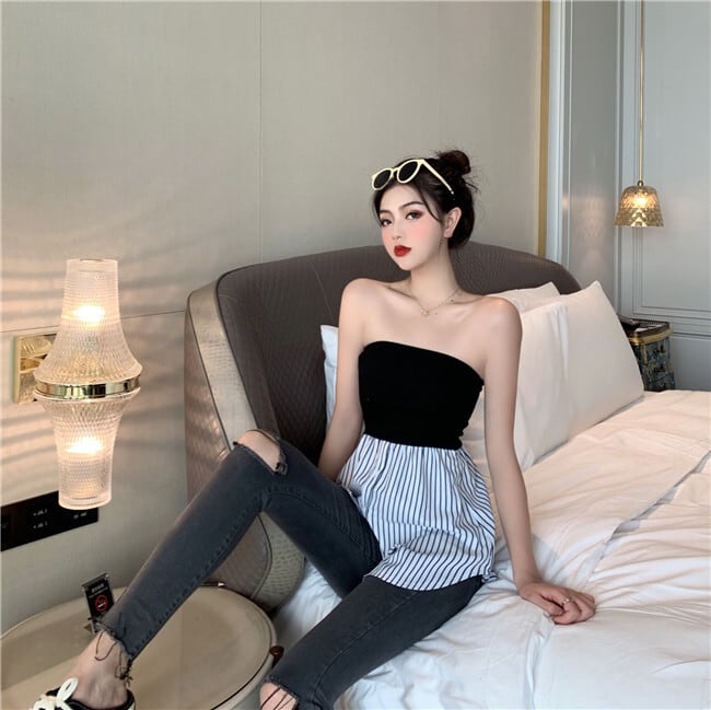 【tops】レトロセクシー気質満点ボートネック切り替え体型カバーストライプ柄シャツ G8793