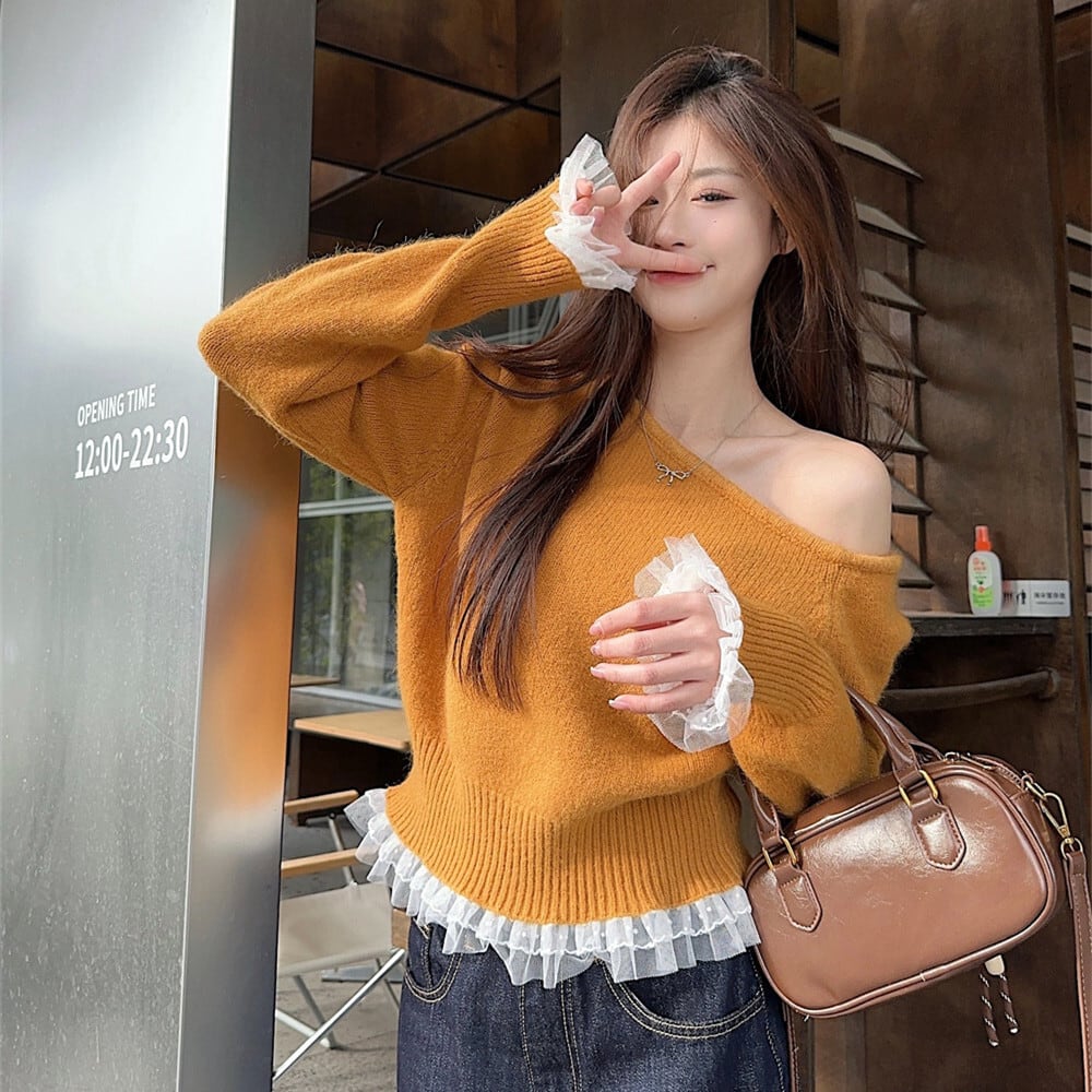 【tops】オフショルダーレース切り替えニットセーター　M28799