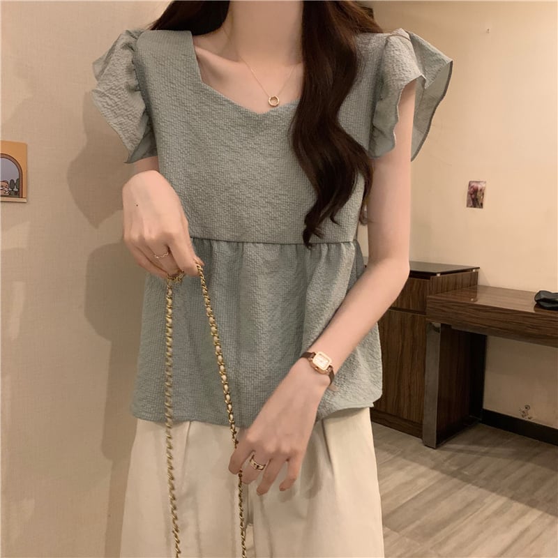 【tops】5色フレンチスリーブフリルブラウスF7483