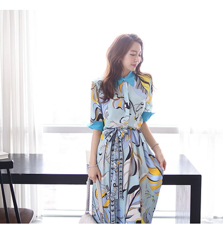 【dress】韓国風気質満点ファッション折り襟不規則 プリントワンピース G0398