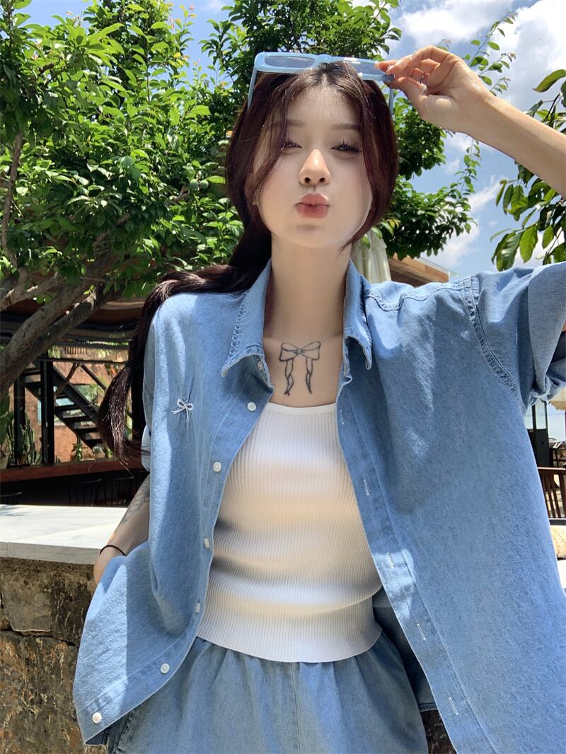 【set】薄手デニムブラウス+ショートパンツ２点セットG21568