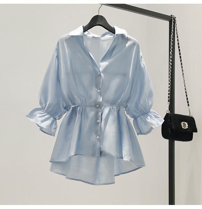 【tops】Vネック美人度アップ!韓国系夏ルーズスウィートフリルシフォンシャツ