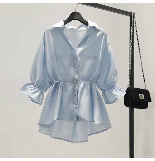 【tops】Vネック美人度アップ!韓国系夏ルーズスウィートフリルシフォンシャツ