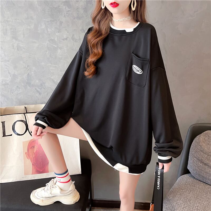 【tops】ラウンドネック長袖偽二つ切り替え英字柄ゆったり着回しパーカーF0676