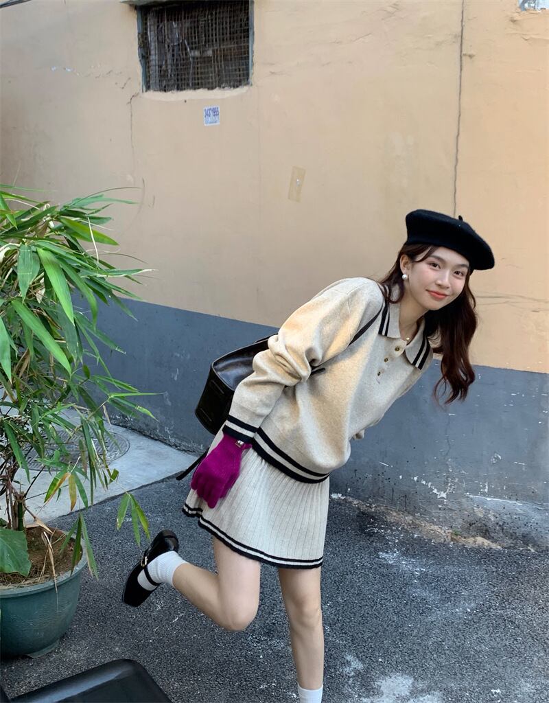 【set】POLOネックニットセーター×スカートセット　M26976