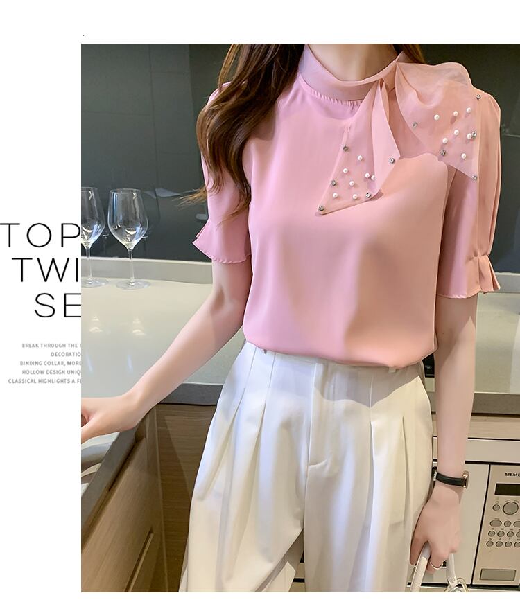 【tops】美人度アップ!スウィートリボンルーズシフォンパフスリーブフランス風シャツ G6683