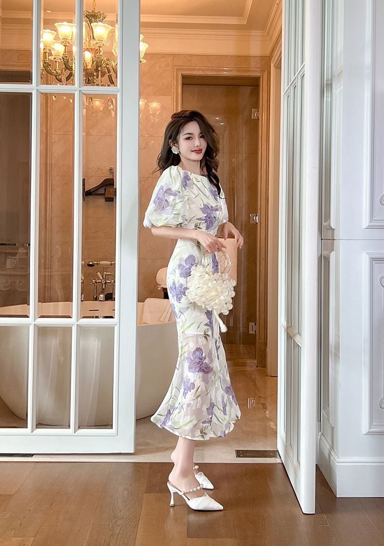 【dress】オシャレ度満点〜OL通勤夏新作ラウンドネック半袖パフ袖花柄配色ワンピースF5441