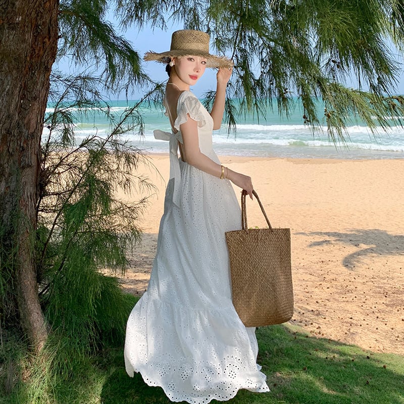 【dress】Vネック透かし彫り海旅行ワンピースF6080