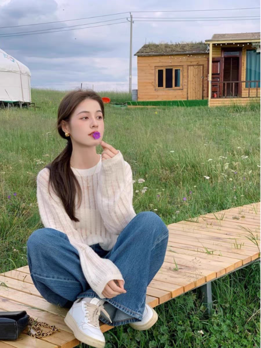 【tops】ラウンドネック長袖ニットセーターG23129