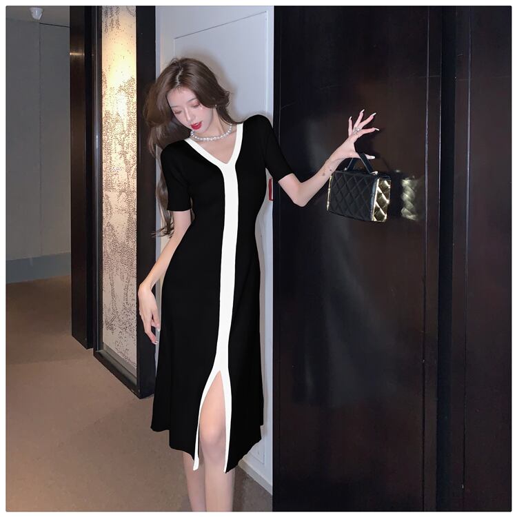 【dress】人気を獲得Vネック気質満点夏淑女レディース 体型カバー着痩せニットワンピース G8122