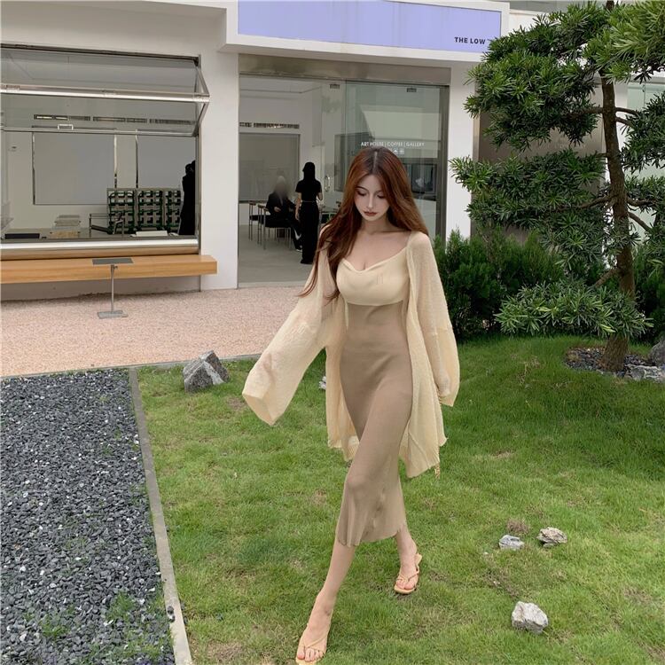 【set】好感度UP!気質満点セクシーカーディガン+キャミワンピースオシャレ２点セット G3383