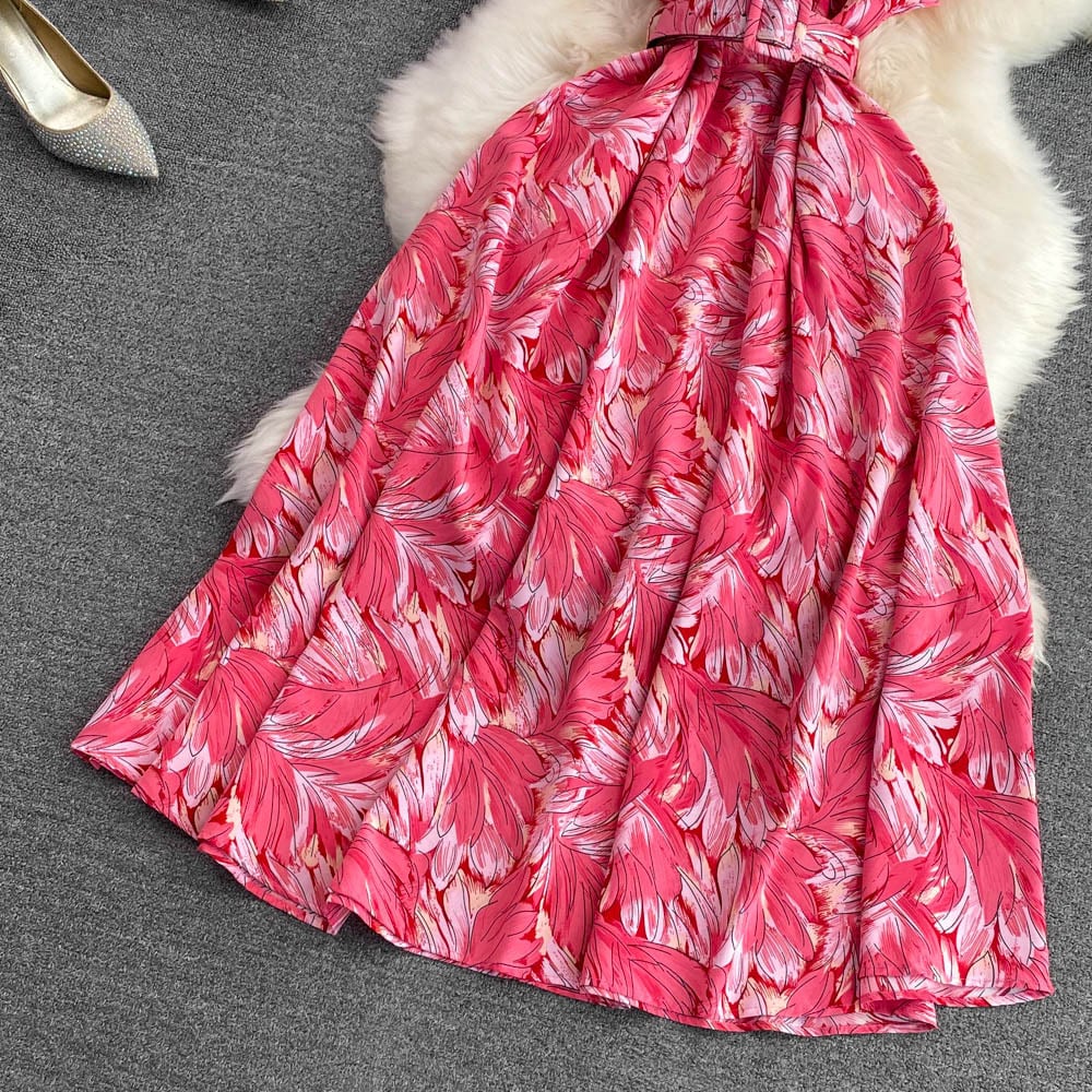 【dress】オシャレ度満点〜夏新作海旅行4色バンドカラー花柄配色シフォンワンピースF5110