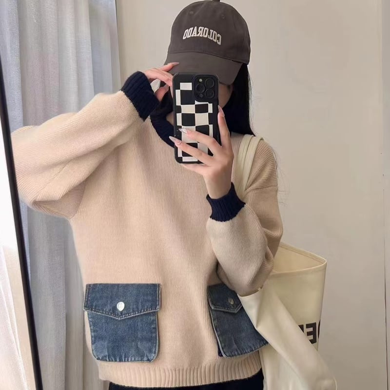 【tops】デニムポケット付きセーター Q6363