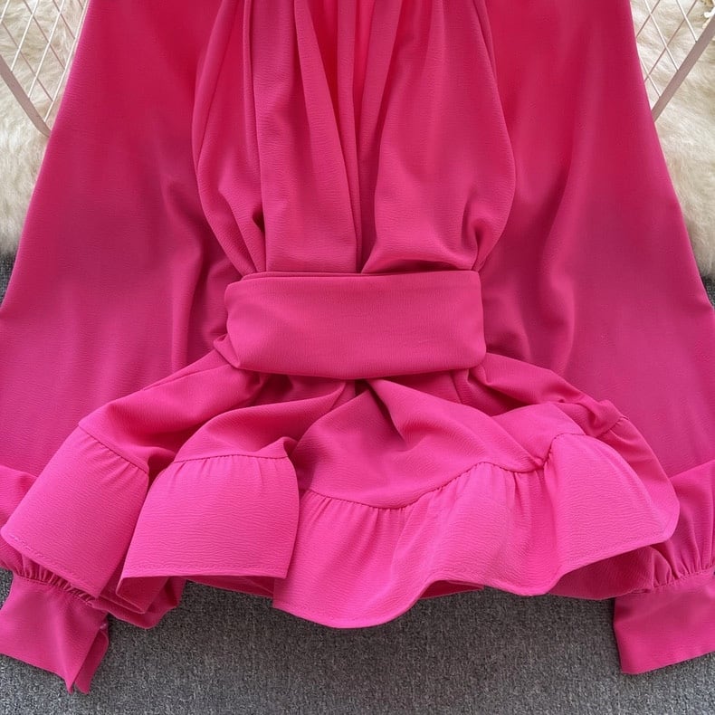 【tops】ウェスト絞りフリルブラウスF6982