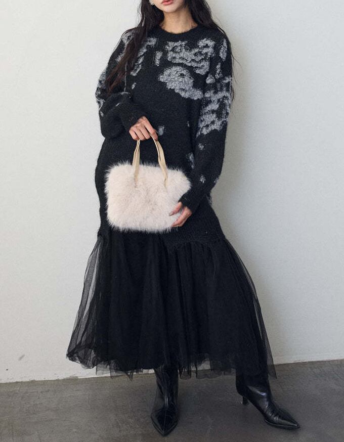 【dress】チュールドッキングロングニットワンピース Q7839