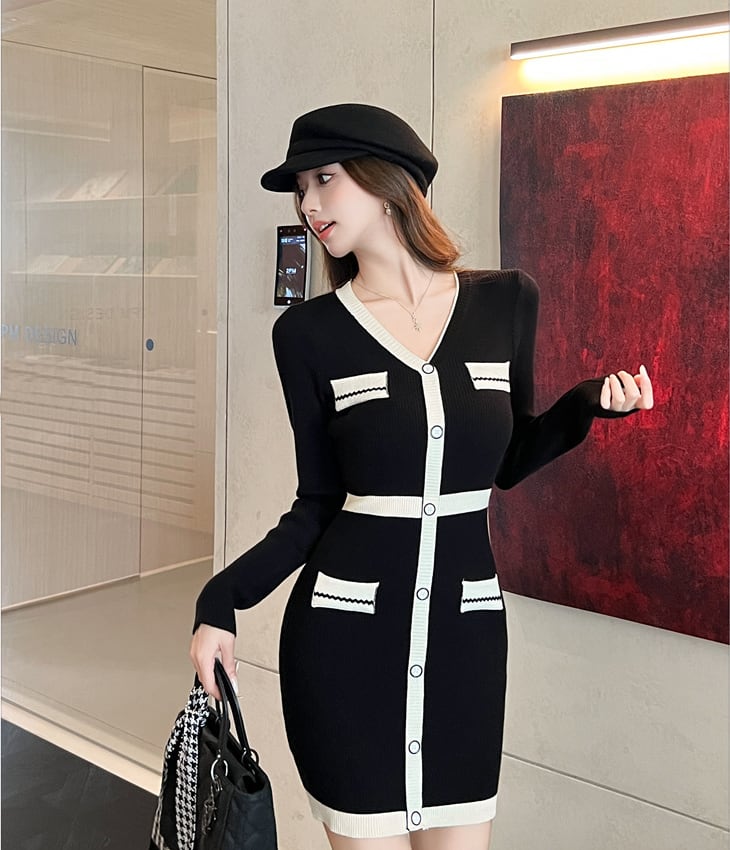 【dress】Vネックニットワンピース Q6940