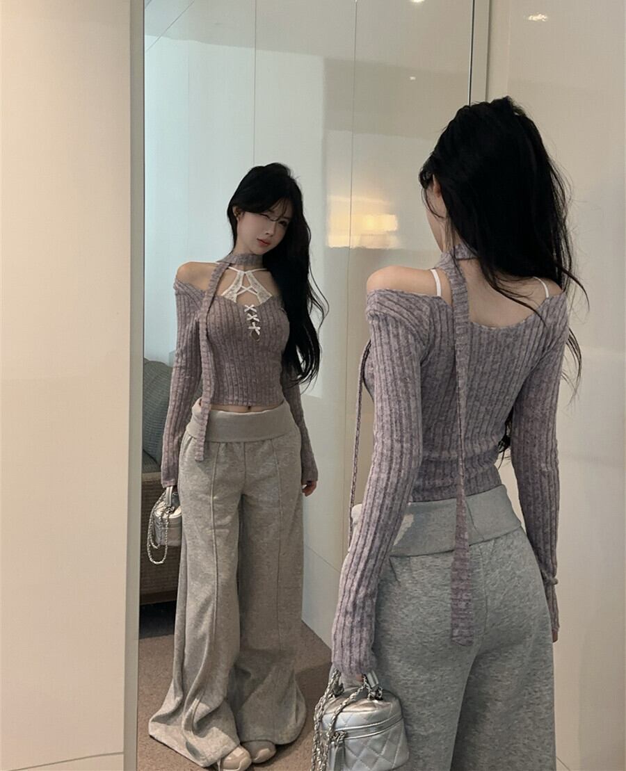 【tops】レース切り替え長袖Tシャツ　M28397