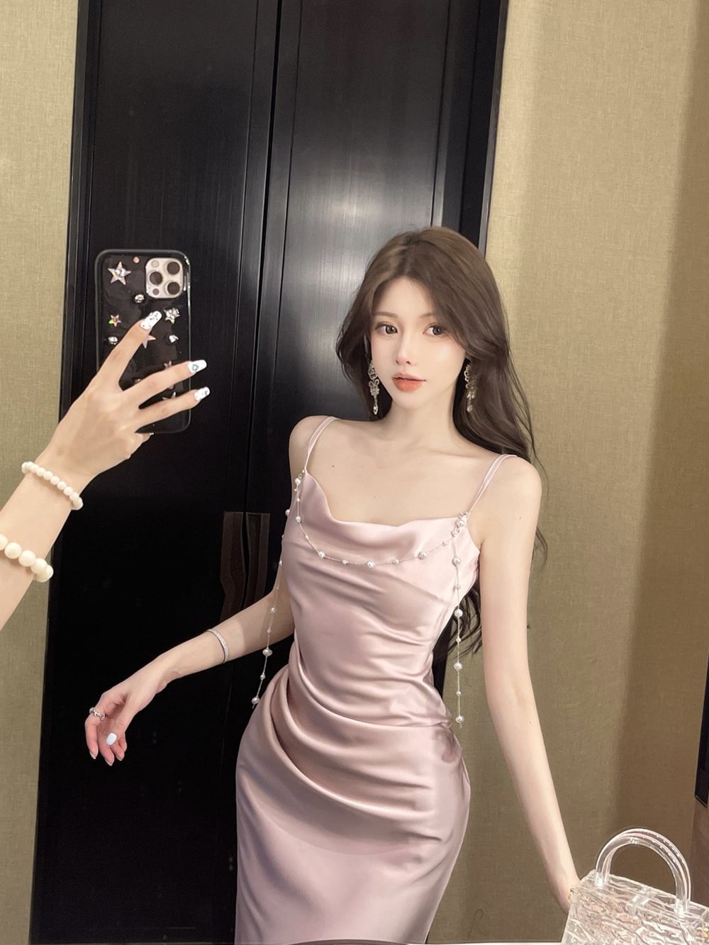 【dress】パール付きロングキャミワンピース Q7994