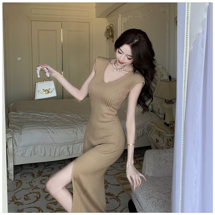 【dress】Vネックニットスリットワンピース G21278