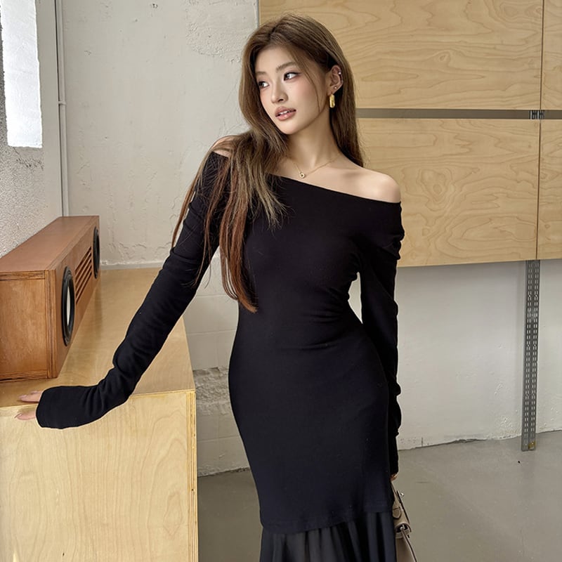 【dress】オフショルドッキングマーメイドワンピース Q6925