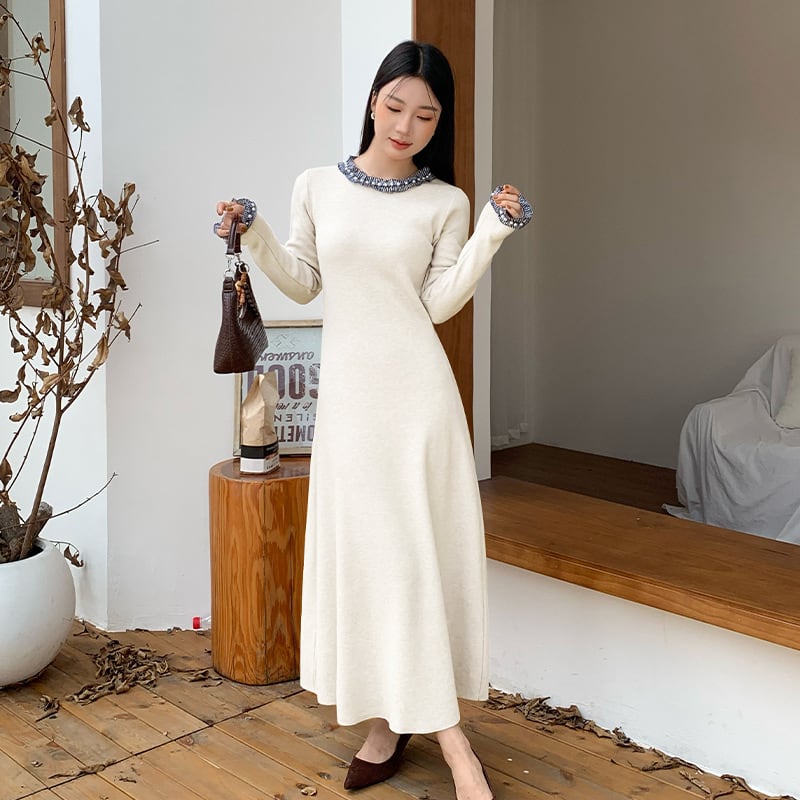 【dress】パール付きニットワンピース Q7053