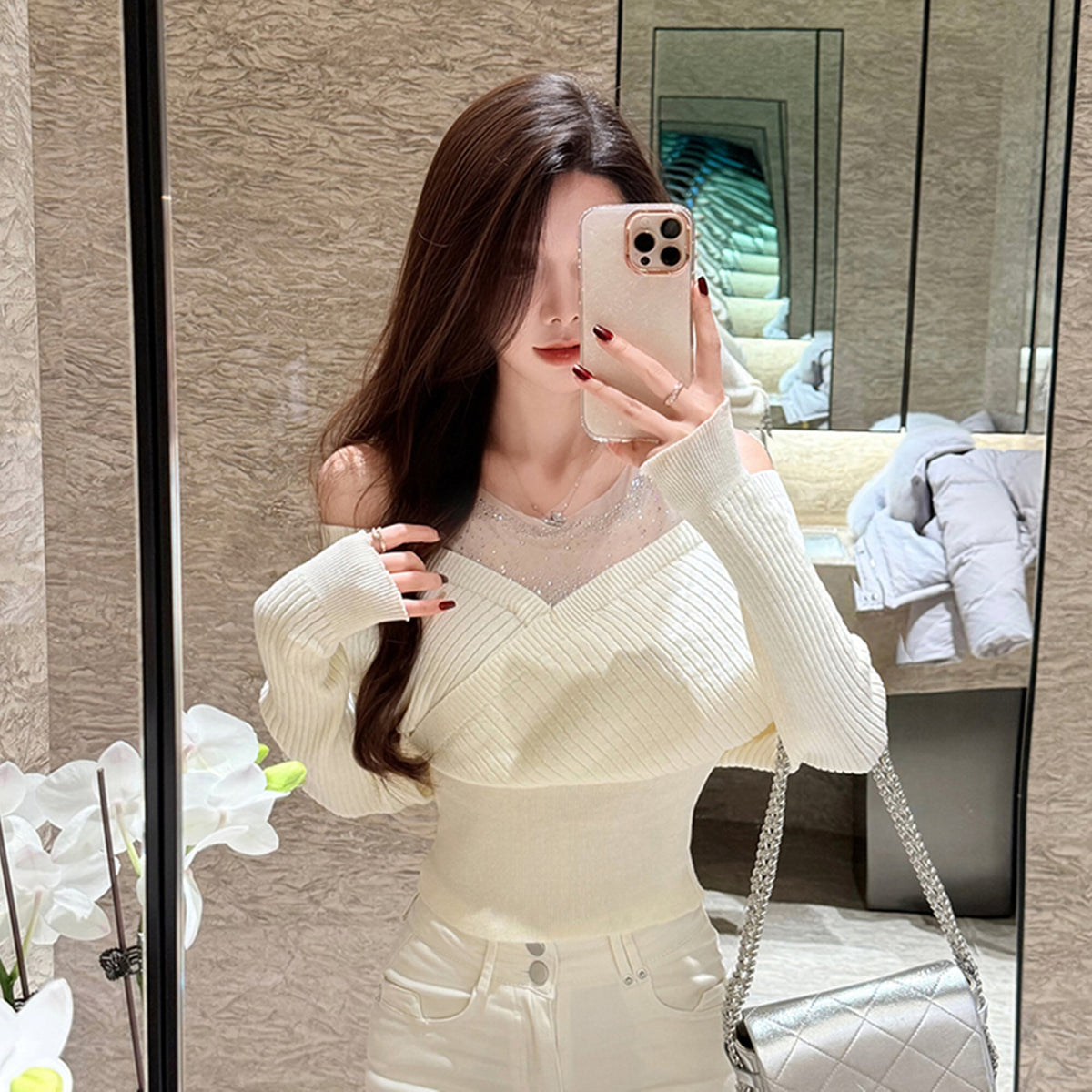 【tops】ラインストーンチュールレイヤードオフショルニット　N3507