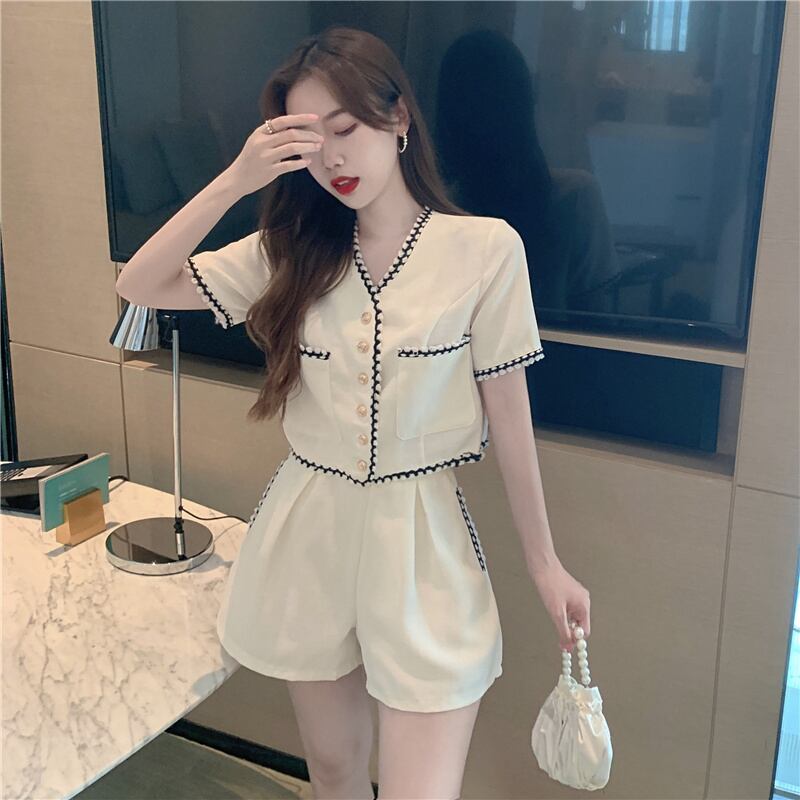 【set】半袖ブラウス+ギャザーショートパンツ２点セット F7361