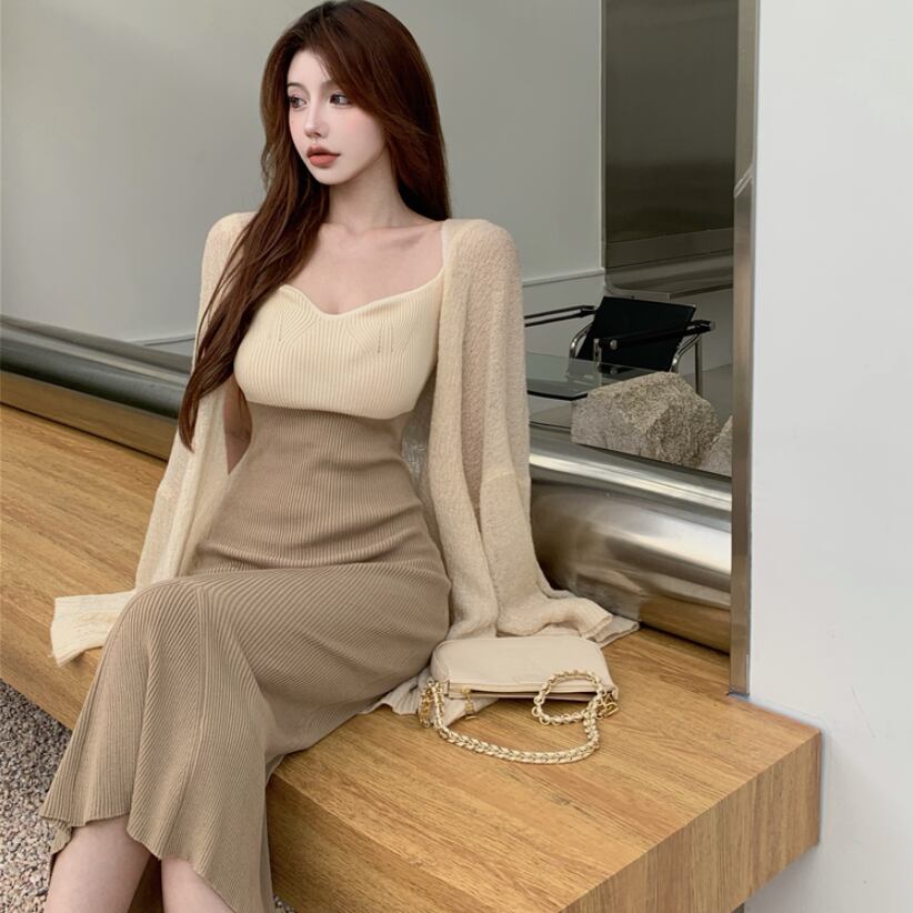 【set】好感度UP!気質満点セクシーカーディガン+キャミワンピースオシャレ２点セット G3383