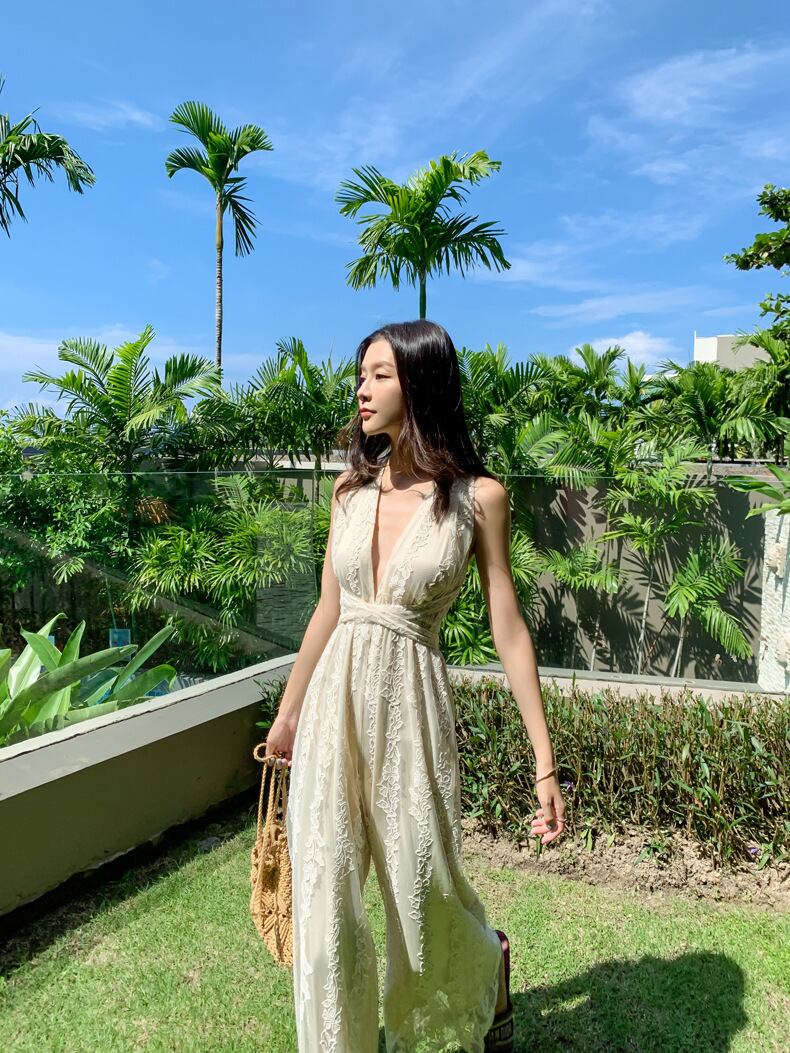 【set】Vネックレースバックで綺麗オールインワンG21327