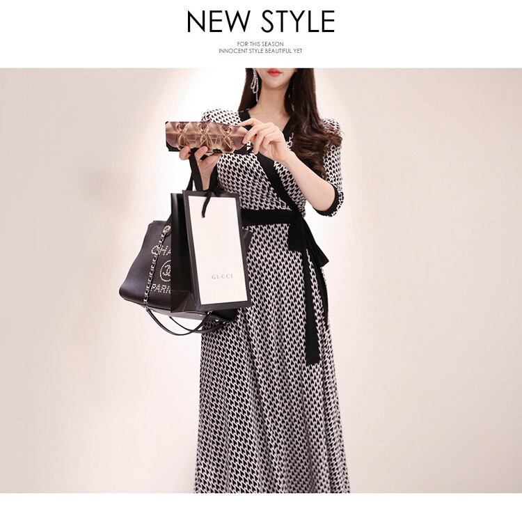 【dress】気質満点レトロ着痩せスリットプリントVネックワンピース