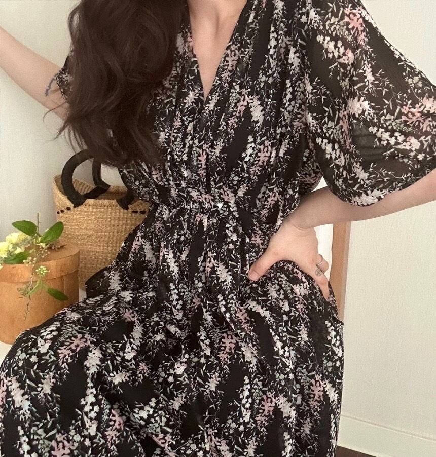 【dress】Vネック花柄パフスリーブワンピース G20746