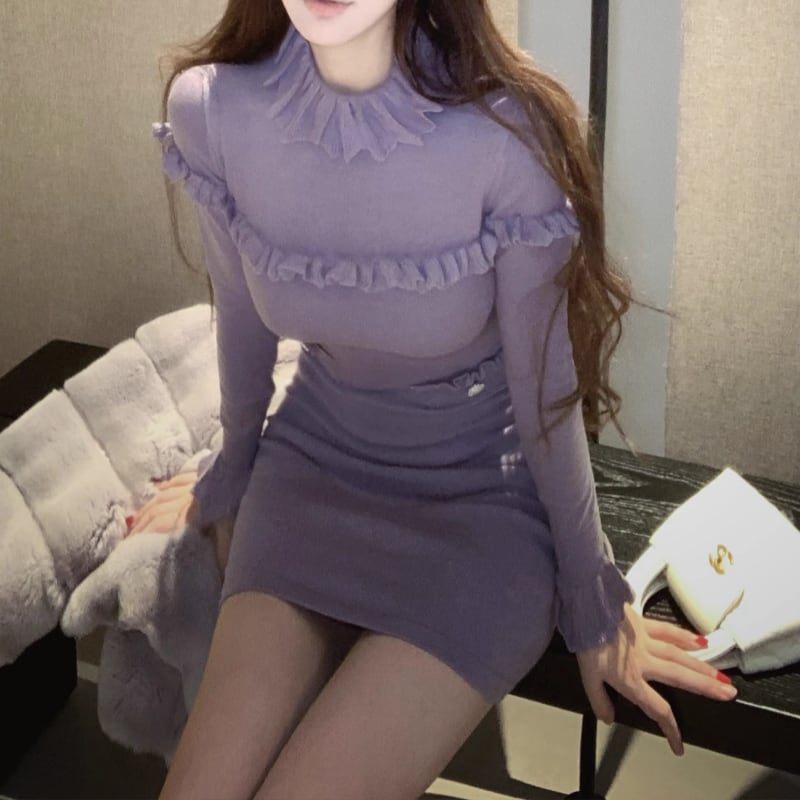 【dress】ギャザーフリルニットワンピース Q7676
