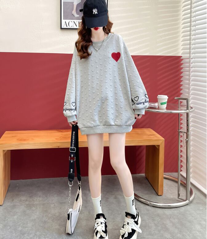 【tops】INS風ラウンドネック長袖ハート柄カジュアル薄手パーカーF3574