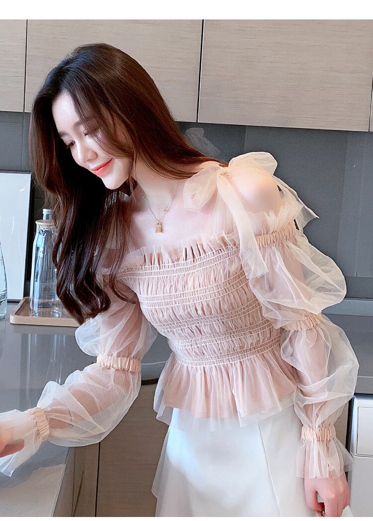 【tops】女性力を高める〜オフネック長袖体型カバーメッシュフ無地着回しブラウスF0570