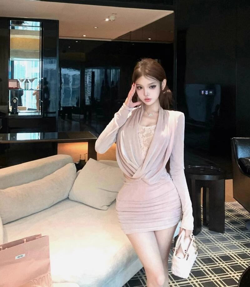 【dress】レースドッキングドレープドネックタイトワンピース Q7546