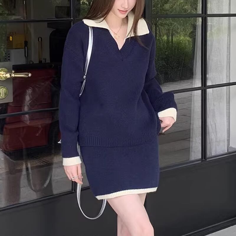 【set】フェイクレイヤードニットトップス×ミニスカートセット Q7829