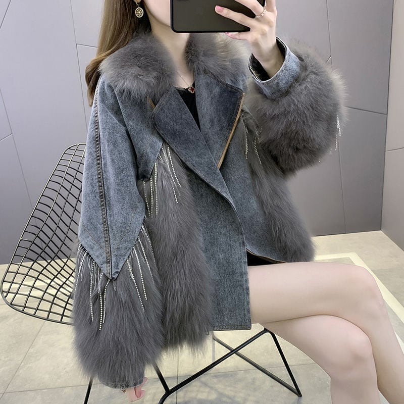 【outer】話題沸騰中ラペル長袖ポケート付き着回し配色おしゃれ厚手秋冬着デニムジャケットF1005