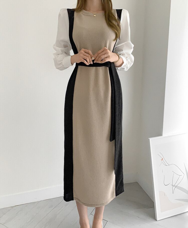 【dress】韓流スタイル!気質満点レトロINS風切り替えニットAラインパフスリーブワンピース G2949