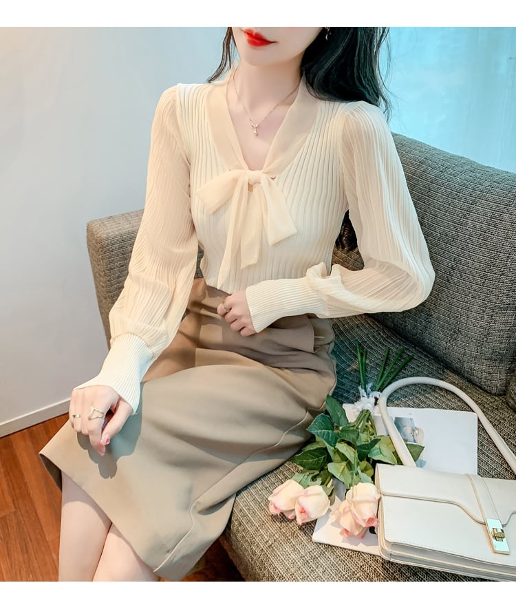 【tops】Vネック切り替えニットブラウスG16806