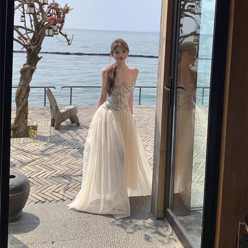 【dress】チュールドッキング花柄キャミワンピース Q8398
